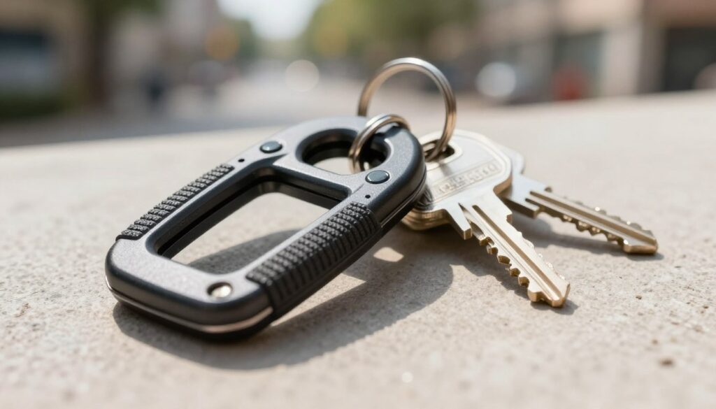 A detailed close-up image of a keychain with a self-defense keychain tool, featuring a stylish and practical design. The keychain is prominently displayed in the foreground, showcasing its textured grip and sharp edges that indicate its defensive capability. In the middle ground, a set of keys is subtly arranged to emphasize the functionality of the keychain as an everyday item. The background softly blurs, hinting at an outdoor urban setting, perhaps a park or street, to evoke a sense of realism. The lighting is bright and inviting, mimicking the natural sunlight, which highlights the metallic surface of the keychain. The overall mood conveys safety and readiness, appealing to individuals looking for practical self-defense tools. The scene is devoid of any text or additional distractions.