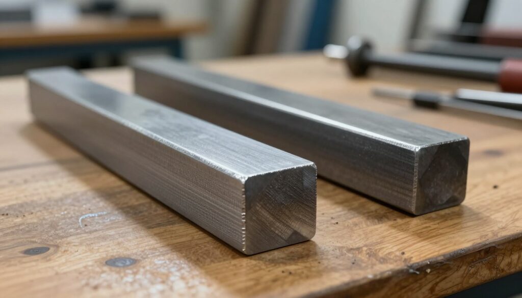 A detailed comparison of hardened and non-hardened steel surfaces, showcasing two distinct pieces of steel on a polished wooden table. In the foreground, a close-up of a hardened steel piece, gleaming under focused, soft lighting, exhibiting a textured surface with visible layers and grain patterns. Beside it, a duller, non-hardened piece of steel, with a smoother texture and a more muted sheen. In the background, a blurred workshop setting with tools and machinery faintly lit, creating a professional atmosphere. The composition should highlight the contrast between the two types of steel, emphasizing their differences in a visually engaging way. Use a shallow depth of field to ensure the steel pieces are the focal point against the softly blurred background. A detailed comparison of hardened and non-hardened steel surfaces, showcasing two distinct pieces of steel on a polished wooden table. In the foreground, a close-up of a hardened steel piece, gleaming under focused, soft lighting, exhibiting a textured surface with visible layers and grain patterns. Beside it, a duller, non-hardened piece of steel, with a smoother texture and a more muted sheen. In the background, a blurred workshop setting with tools and machinery faintly lit, creating a professional atmosphere. The composition should highlight the contrast between the two types of steel, emphasizing their differences in a visually engaging way. Use a shallow depth of field to ensure the steel pieces are the focal point against the softly blurred background.