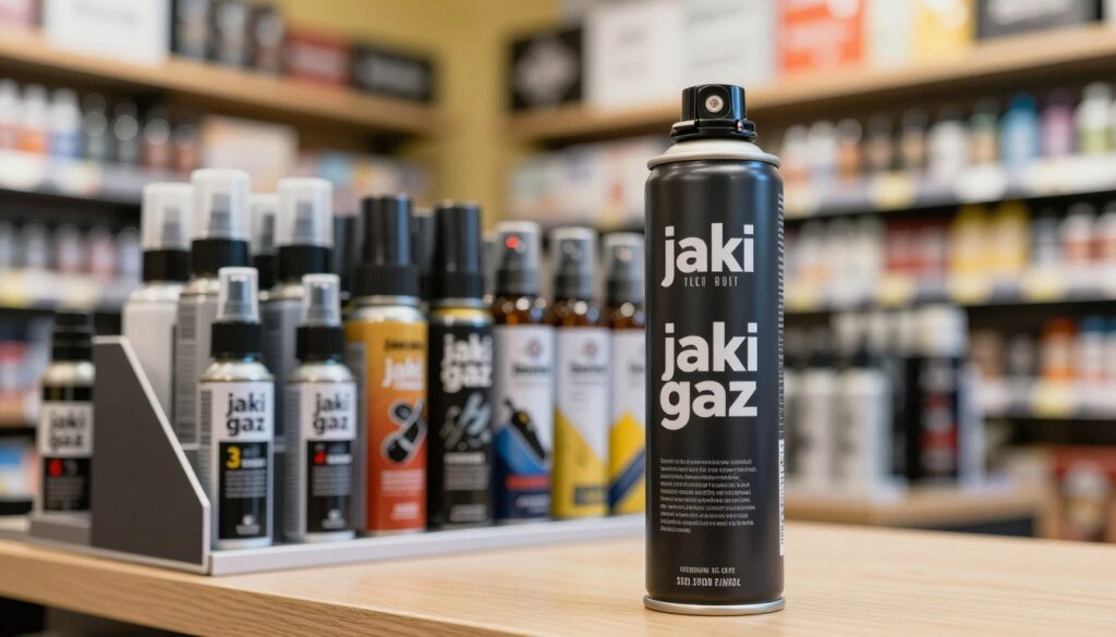 A detailed depiction of "jaki gaz", focusing on a high-quality pepper spray canister positioned prominently in the foreground. The canister should have a sleek design, with a visible safety mechanism and a label indicating its specifications. In the middle ground, display a well-organized display case filled with various self-defense sprays, each labeled clearly and arranged attractively to highlight differences in size or function. The background should be a softly blurred shop interior, enhancing the atmosphere of a professional self-defense store. Use warm, natural lighting to create a welcoming mood, with an emphasis on clarity that captures the details of the products. The angle should be slightly overhead, inviting the viewer into the scene while maintaining focus on the pepper spray canister. A detailed depiction of "jaki gaz", focusing on a high-quality pepper spray canister positioned prominently in the foreground. The canister should have a sleek design, with a visible safety mechanism and a label indicating its specifications. In the middle ground, display a well-organized display case filled with various self-defense sprays, each labeled clearly and arranged attractively to highlight differences in size or function. The background should be a softly blurred shop interior, enhancing the atmosphere of a professional self-defense store. Use warm, natural lighting to create a welcoming mood, with an emphasis on clarity that captures the details of the products. The angle should be slightly overhead, inviting the viewer into the scene while maintaining focus on the pepper spray canister.