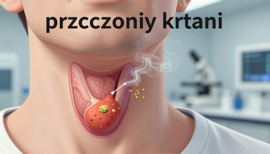 A detailed illustration depicting "przyczyny krtani" in a medical context. In the foreground, showcase a close-up view of a human throat anatomy, focusing on the larynx with highlighted areas indicating potential triggers for laryngeal constriction, such as inflammation, muscle tension, and allergens. In the middle ground, include faint outlines of environmental factors like smoke and pollen that contribute to these triggers. The background should feature a blurred laboratory or clinical setting, hinting at medical research or emergency response. Use soft, focused lighting to enhance the anatomical details while maintaining a clinical and informative atmosphere. Incorporate a slight depth of field to emphasize the larynx while subtly blurring the background elements, creating a professional and educational tone. A detailed illustration depicting "przyczyny krtani" in a medical context. In the foreground, showcase a close-up view of a human throat anatomy, focusing on the larynx with highlighted areas indicating potential triggers for laryngeal constriction, such as inflammation, muscle tension, and allergens. In the middle ground, include faint outlines of environmental factors like smoke and pollen that contribute to these triggers. The background should feature a blurred laboratory or clinical setting, hinting at medical research or emergency response. Use soft, focused lighting to enhance the anatomical details while maintaining a clinical and informative atmosphere. Incorporate a slight depth of field to emphasize the larynx while subtly blurring the background elements, creating a professional and educational tone.