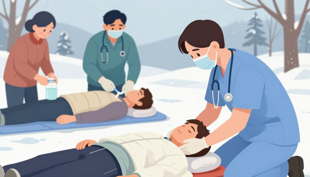 A detailed illustration depicting the various stages of hypothermia treatment based on degrees of chill. In the foreground, show a professional healthcare worker assessing a patient who is exhibiting initial signs of hypothermia, dressed in a medical uniform. In the middle ground, depict various methods of warming the patient, such as thermal blankets and warm fluids, emphasizing a sense of urgency and care. The background features a snowy outdoor environment to convey the cold setting, with soft, diffused lighting highlighting the scene to create a calm yet serious atmosphere. The overall mood should reflect a balance between urgency and professionalism as they navigate the critical steps of first aid for hypothermia. A detailed illustration depicting the various stages of hypothermia treatment based on degrees of chill. In the foreground, show a professional healthcare worker assessing a patient who is exhibiting initial signs of hypothermia, dressed in a medical uniform. In the middle ground, depict various methods of warming the patient, such as thermal blankets and warm fluids, emphasizing a sense of urgency and care. The background features a snowy outdoor environment to convey the cold setting, with soft, diffused lighting highlighting the scene to create a calm yet serious atmosphere. The overall mood should reflect a balance between urgency and professionalism as they navigate the critical steps of first aid for hypothermia.