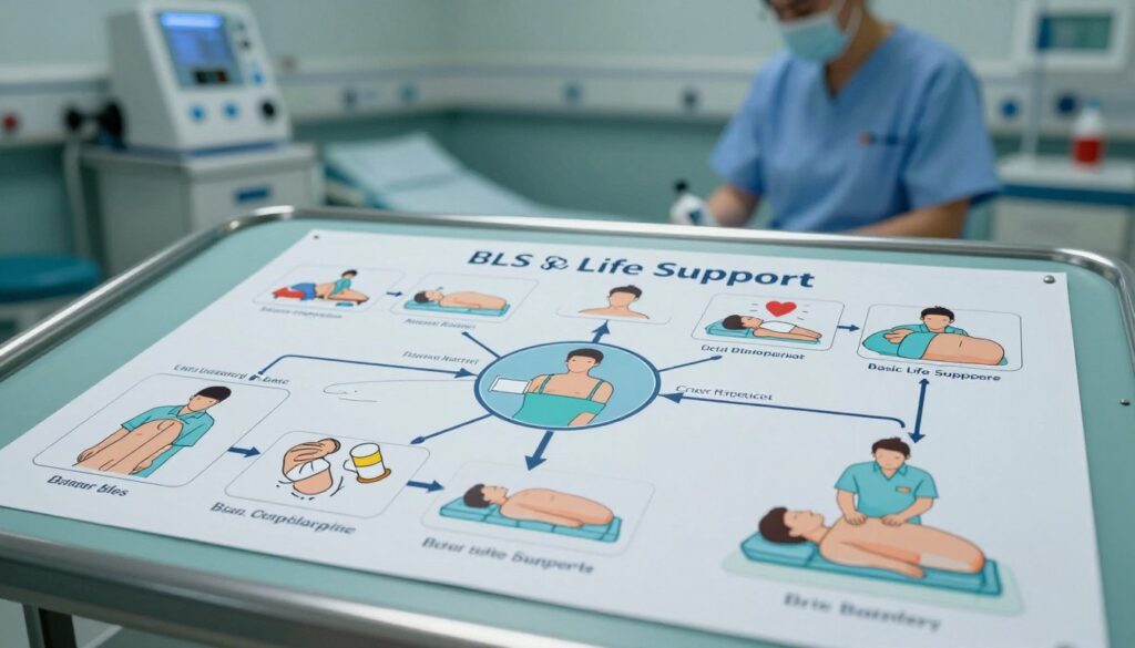 A detailed illustration of a BLS (Basic Life Support) flowchart for adults experiencing apnea. The foreground features a clearly labeled diagram displaying sequential steps, including assessment of breathing and initiation of CPR, with icons representing each action. In the middle ground, soft lighting illuminates the flowchart, enhancing its clarity, while a realistic yet subdued medical environment sets the background—think a hospital scene with medical equipment subtly blended in. The atmosphere should convey urgency and focus, appropriate for a life-saving context, using a wide-angle lens to capture the entire flowchart prominently. The colors should be calming but attention-grabbing, like blues and greens.