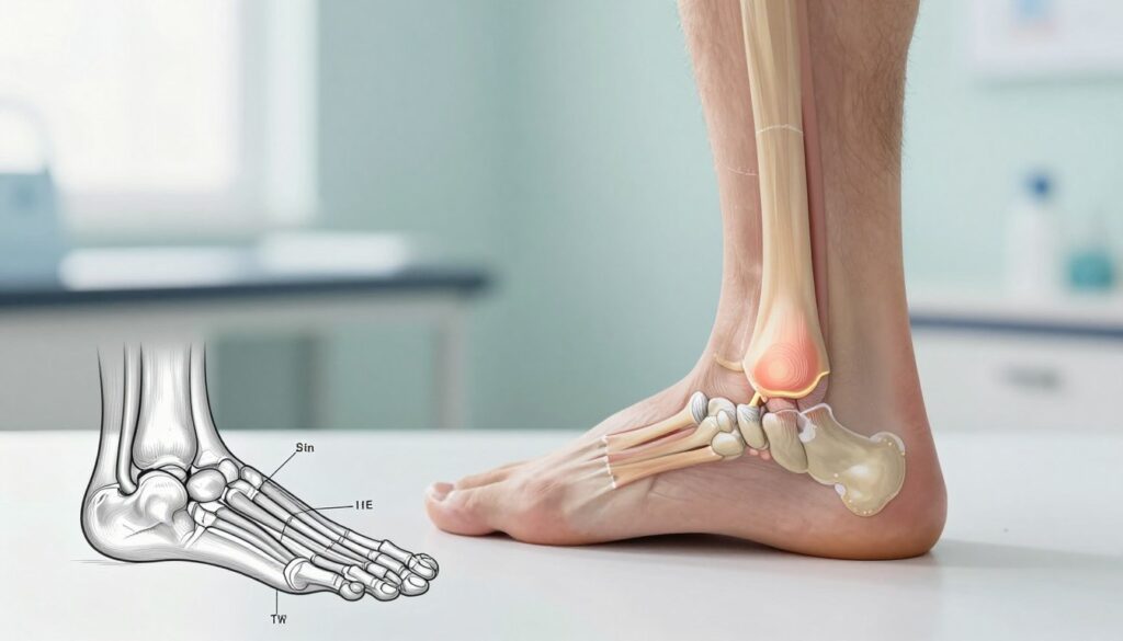 A detailed illustration of a human ankle joint, emphasizing the ligaments and surrounding tissues to depict an ankle sprain. In the foreground, show an anatomical diagram that highlights the twisted ligament, with labels for clarity, yet maintain a professional look. The middle section features a soft focus representation of the joint in a neutral setting, with subtle shadows to enhance depth. The background should be a light, medical-grade environment, like an examination room, with calming colors like pale blue or green to set a reassuring mood. Use soft, natural lighting to illuminate the joint and create a clinical atmosphere. The image should evoke a sense of education and care, devoid of any text, ensuring an informative aesthetic for readers. A detailed illustration of a human ankle joint, emphasizing the ligaments and surrounding tissues to depict an ankle sprain. In the foreground, show an anatomical diagram that highlights the twisted ligament, with labels for clarity, yet maintain a professional look. The middle section features a soft focus representation of the joint in a neutral setting, with subtle shadows to enhance depth. The background should be a light, medical-grade environment, like an examination room, with calming colors like pale blue or green to set a reassuring mood. Use soft, natural lighting to illuminate the joint and create a clinical atmosphere. The image should evoke a sense of education and care, devoid of any text, ensuring an informative aesthetic for readers.