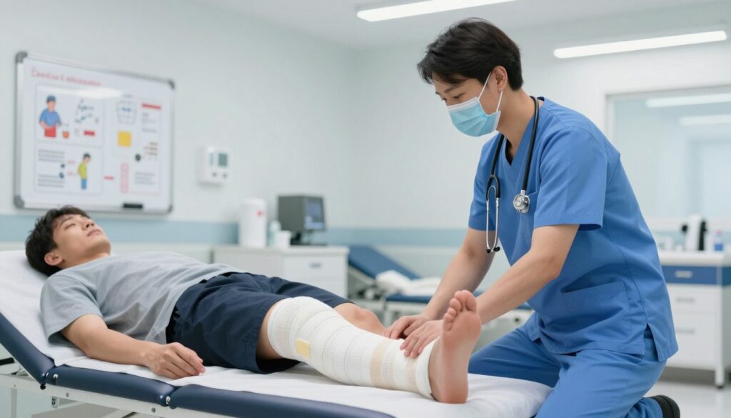 A detailed illustration of a medical professional providing first aid to a patient with a suspected limb fracture. In the foreground, a healthcare worker in a professional medical uniform is kneeling beside the patient, who lies on a sterile examination table. The patient's arm, clearly immobilized with a splint, is supported by the medic, showing proper techniques of limb stabilization. The middle ground features medical supplies like bandages, splints, and instructional diagrams on a portable whiteboard, emphasizing first aid procedures. The background includes a well-lit hospital room with soft overhead lights, enhancing a calm and professional atmosphere. The scene conveys focus, urgency, and care, capturing the importance of proper first aid in fracture management. A detailed illustration of a medical professional providing first aid to a patient with a suspected limb fracture. In the foreground, a healthcare worker in a professional medical uniform is kneeling beside the patient, who lies on a sterile examination table. The patient's arm, clearly immobilized with a splint, is supported by the medic, showing proper techniques of limb stabilization. The middle ground features medical supplies like bandages, splints, and instructional diagrams on a portable whiteboard, emphasizing first aid procedures. The background includes a well-lit hospital room with soft overhead lights, enhancing a calm and professional atmosphere. The scene conveys focus, urgency, and care, capturing the importance of proper first aid in fracture management.