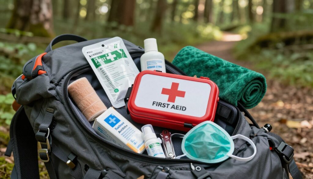 A detailed image of a comprehensive first aid kit tailored for outdoor adventures, set in a natural environment. In the foreground, showcase a rugged, open backpack with various medical supplies spilling out, including bandages, antiseptics, and a CPR mask. In the middle, display the kit prominently, surrounded by essential tools like a multi-tool and emergency blanket. The background features a lush forest, hinting at a hiking trail, with soft, diffused sunlight filtering through the trees, creating a warm and inviting atmosphere. Capture the scene from a slight overhead angle to emphasize the contents of the kit and the immersion in nature. The overall mood should evoke preparedness and adventure, illustrating the importance of a professional first aid kit for outdoor expeditions.