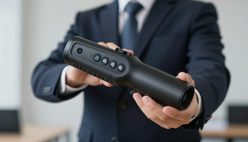 A detailed image of a modern electric paralizator designed for self-defense, showcased prominently in the foreground. The paralizator should have a sleek, ergonomic design with a matte black finish and illuminated buttons to highlight its advanced technology. In the middle ground, place a professional person in business attire, demonstrating the device safely and confidently. The background should be a neutral, softly lit environment, such as an office or training room, enhancing the focus on the paralizator. Use soft, diffused lighting to create a serious yet approachable atmosphere, and employ a slight depth of field to draw attention to the device while keeping the surroundings slightly blurred.