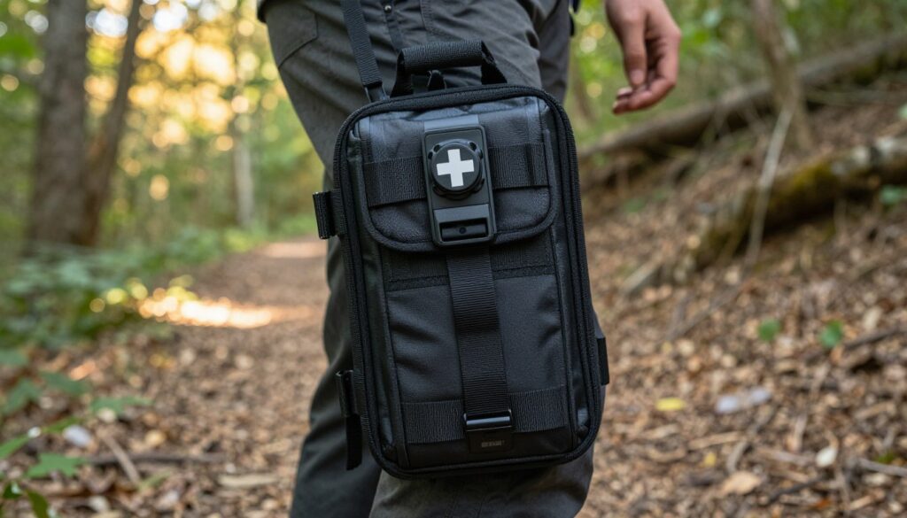 A detailed image of a thigh-mounted emergency medical kit, showcasing advanced construction and mounting systems. In the foreground, the kit is prominently displayed, featuring high-quality materials, intricate straps, and secure compartments designed for first aid supplies. The middle ground includes a rugged outdoor setting, such as a forest or hiking trail, emphasizing the kit's practical use in emergencies. In the background, soft sunlight filters through tree leaves, creating a warm, inviting atmosphere. The image should be taken from a slightly elevated angle, highlighting both the kit's features and its environment. The overall mood conveys preparedness and adventure, emphasizing the importance of accessibility and functionality in outdoor safety gear.