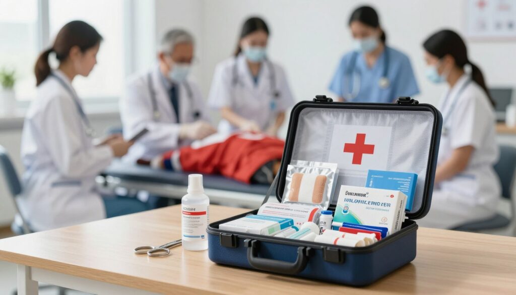 A detailed medical emergency kit designed for professional use, prominently displayed in a well-lit, organized space, on a sturdy wooden table. In the foreground, the kit is open, showcasing a variety of high-quality medical supplies such as bandages, scissors, antiseptics, and diagnostic tools, neatly arranged for easy access. The middle ground features a blurred background of a professional medical team dressed in business attire, engaged in a training session focused on emergency response, creating a sense of teamwork and urgency. The lighting is bright and clear, with a slight focus on the kit to draw the viewer's attention. The atmosphere is serious yet hopeful, embodying readiness and professionalism in medical emergencies. A detailed medical emergency kit designed for professional use, prominently displayed in a well-lit, organized space, on a sturdy wooden table. In the foreground, the kit is open, showcasing a variety of high-quality medical supplies such as bandages, scissors, antiseptics, and diagnostic tools, neatly arranged for easy access. The middle ground features a blurred background of a professional medical team dressed in business attire, engaged in a training session focused on emergency response, creating a sense of teamwork and urgency. The lighting is bright and clear, with a slight focus on the kit to draw the viewer's attention. The atmosphere is serious yet hopeful, embodying readiness and professionalism in medical emergencies.