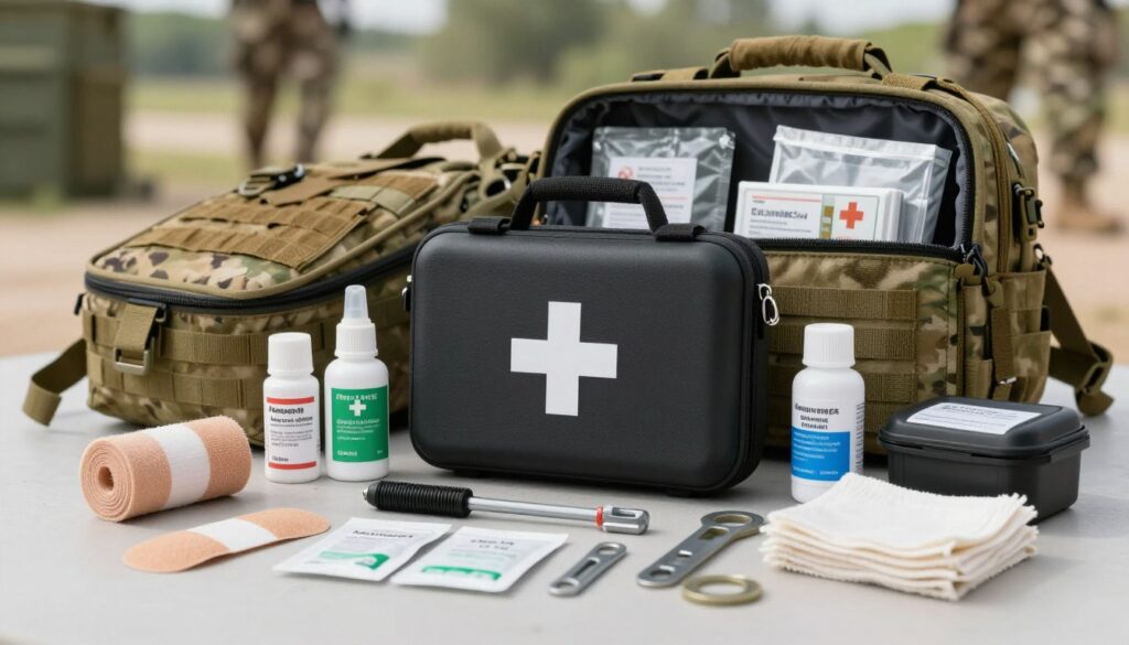 A detailed military first aid kit laid out on a clean surface, with a variety of contents displayed prominently in the foreground—bandages, antiseptics, tourniquets, and medical tools. The middle ground shows a tactical backpack partially opened, revealing additional supplies and compartments designed for specific uses. In the background, a blurred military-themed environment, such as a training ground or camp setup, with soft, natural lighting that highlights the colors of the kit, conveying a sense of preparedness and professionalism. The atmosphere is serious and focused, emphasizing the importance of military readiness and contrast with civilian kits, with a shallow depth of field to draw attention to the first aid kit's intricate details.