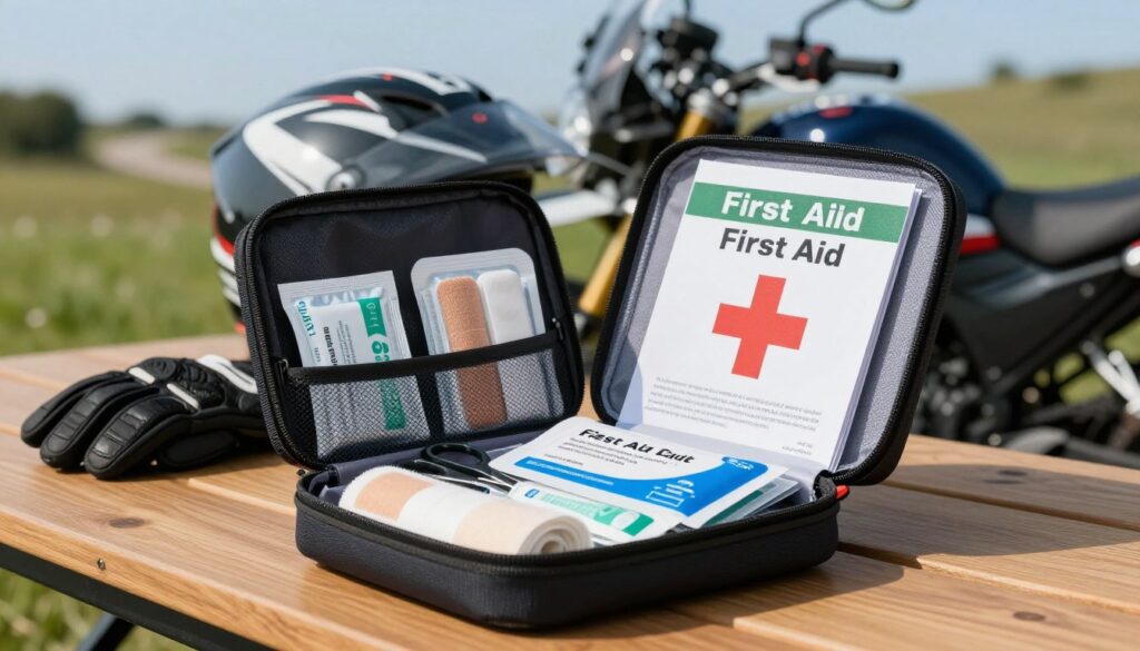 A detailed motorcycle first aid kit displayed on a wooden table in a well-lit outdoor setting. In the foreground, focus on the compact, organized first aid kit with essential medical supplies such as bandages, antiseptic wipes, scissors, and a first aid manual, all neatly arranged. The middle ground features a blurred out motorcycle helmet and gloves to suggest the motorcycle theme. In the background, soft green grass and a hint of a winding road under a clear blue sky create an adventurous atmosphere. The lighting is bright and natural, evoking a sense of readiness and safety. The image captures a practical and essential tool for motorcyclists, emphasizing preparedness for emergencies. A detailed motorcycle first aid kit displayed on a wooden table in a well-lit outdoor setting. In the foreground, focus on the compact, organized first aid kit with essential medical supplies such as bandages, antiseptic wipes, scissors, and a first aid manual, all neatly arranged. The middle ground features a blurred out motorcycle helmet and gloves to suggest the motorcycle theme. In the background, soft green grass and a hint of a winding road under a clear blue sky create an adventurous atmosphere. The lighting is bright and natural, evoking a sense of readiness and safety. The image captures a practical and essential tool for motorcyclists, emphasizing preparedness for emergencies.