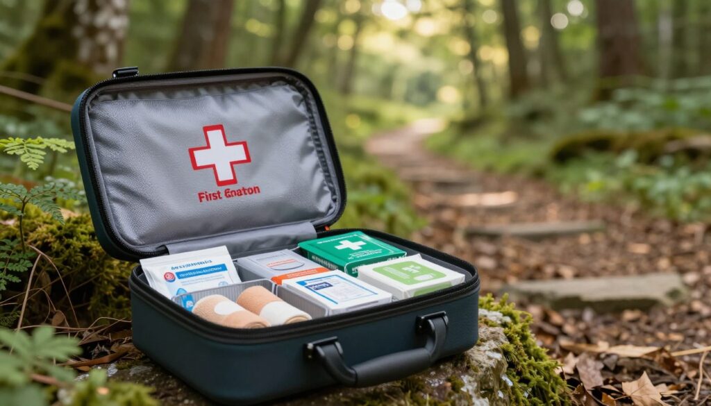 A detailed outdoor scene featuring a well-organized tourist first aid kit set against a backdrop of a tranquil forest environment. The kit is opened, showcasing an assortment of medical supplies such as bandages, antiseptic wipes, and cold packs, neatly arranged. In the foreground, emphasize the textures of the kit with soft, natural lighting highlighting its various compartments. In the middle ground, a hiking trail winds through lush greenery, hinting at upcoming adventures, while the background reveals a gentle, sunlit forest canopy with soft beams breaking through. The atmosphere is calm and inviting, perfect for outdoor activities, encouraging viewers to consider essential preparations for their own excursions. Maintain a professional tone, ensuring no human figures are present in the composition. A detailed outdoor scene featuring a well-organized tourist first aid kit set against a backdrop of a tranquil forest environment. The kit is opened, showcasing an assortment of medical supplies such as bandages, antiseptic wipes, and cold packs, neatly arranged. In the foreground, emphasize the textures of the kit with soft, natural lighting highlighting its various compartments. In the middle ground, a hiking trail winds through lush greenery, hinting at upcoming adventures, while the background reveals a gentle, sunlit forest canopy with soft beams breaking through. The atmosphere is calm and inviting, perfect for outdoor activities, encouraging viewers to consider essential preparations for their own excursions. Maintain a professional tone, ensuring no human figures are present in the composition.
