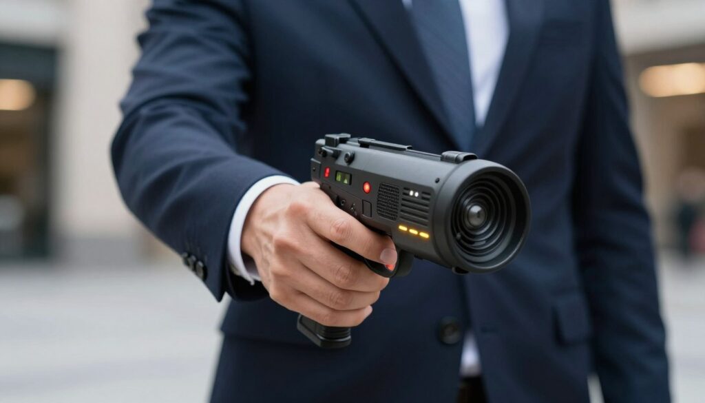 A detailed, realistic depiction of a non-lethal acoustic weapon designed for personal defense, placed prominently in the foreground. The weapon, resembling a compact, modern design, should be shown with distinctive features like a loudspeaker and bright indicators, reflecting its legal use as a personal safety device. In the middle ground, a well-dressed individual, wearing professional attire, holds the device confidently, showcasing its role in personal protection. The background features a blurred urban setting, hinting at a public space, bathed in soft, ambient lighting that evokes a sense of safety and vigilance. The mood should balance between seriousness and empowerment, emphasizing the importance of self-defense tools while ensuring it remains approachable and professional.