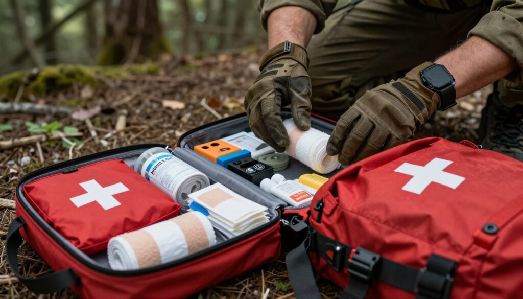 A detailed tactical first aid kit spread open on a rugged, outdoor surface, showcasing essential medical supplies like bandages, tourniquets, antiseptics, and trauma care items. In the foreground, focus on a bright red backpack with a cross emblem, partially unzipped to reveal the contents, emphasizing organization and accessibility. The middle ground features a pair of hands, wearing tactical gloves, carefully selecting items from the kit, highlighting professionalism and readiness. Soft, diffused natural light filters through trees in the background, creating a calm yet serious atmosphere. The setting is a forested environment, suggesting a military or emergency response scenario, with a shallow depth of field to keep attention on the kit and essential elements around it.