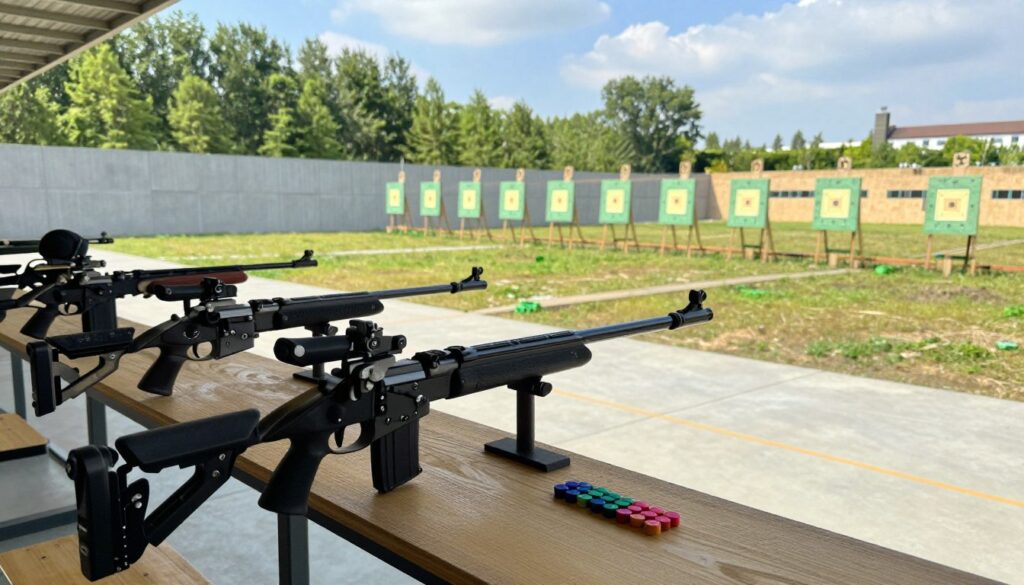A detailed training scene featuring an array of air rifles (wiatrówki) and ASG (Air Soft Gun) equipment, set in an outdoor shooting range. In the foreground, there are two modern air rifles on a wooden shooting bench, with a selection of colorful training pellets neatly arranged beside them. In the middle ground, a target board is set at a distance, displaying clear scoring zones, while a landscape of green trees and a blue sky serves as the background, adding a serene yet focused atmosphere. The lighting is bright and natural, casting soft shadows; the angle captures both the rifles and the training setup from a low perspective, creating a sense of depth and immersion in the scene. The overall mood is professional and serious, emphasizing the training aspect of shooting sports.