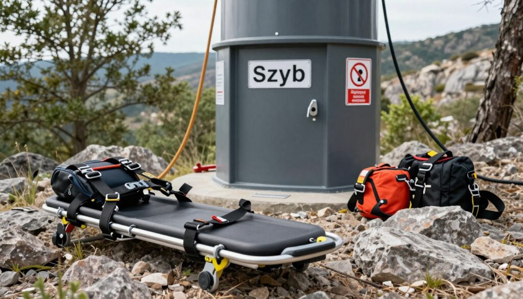 A detailed view of a "szyb" (an emergency evacuation shaft) situated in a rugged outdoor environment, showcasing its features designed for rescue operations. In the foreground, include sturdy, professional rescue equipment like harnesses and stretchers, well-organized for quick access. The middle ground should highlight the "szyb" itself, constructed from durable materials, with safety signage visible. Surrounding the area, show nature in a slight blur—trees and rocky terrain—to enhance depth and focus. The background can include distant hills, hinting at rugged terrain challenges. Utilize natural daylight to create realistic lighting, with soft shadows illustrating the contours of the equipment and environment. The atmosphere should convey urgency yet maintain professionalism, illustrating readiness for rescue missions.