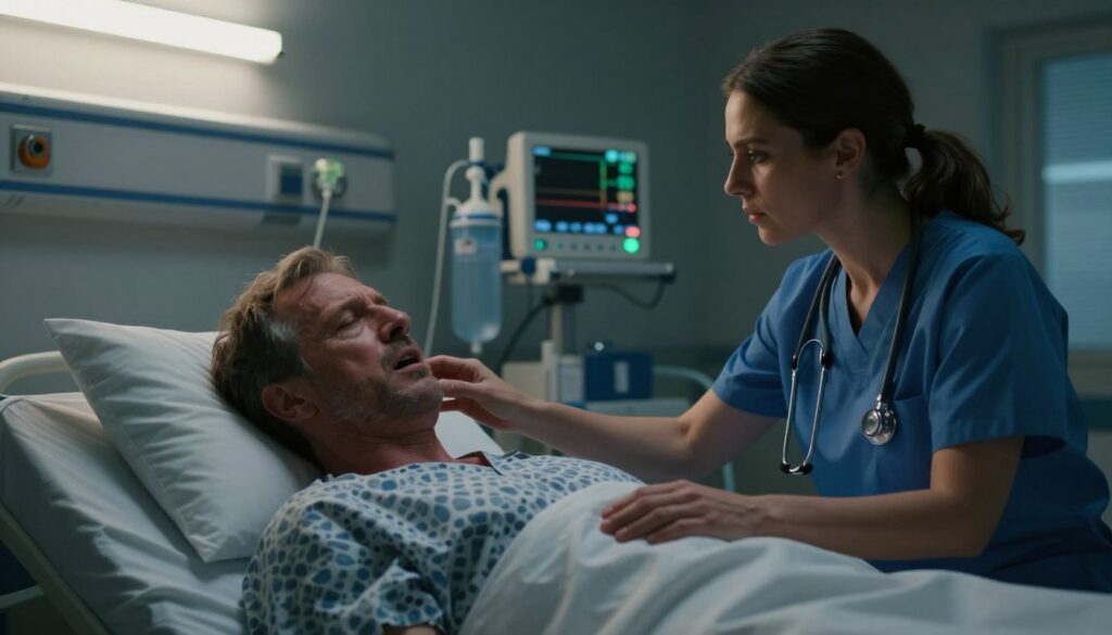 A dimly lit emergency room scene featuring a middle-aged male patient lying on a hospital bed, demonstrating signs of respiratory distress - shallow, gasping breaths and an anxious expression. In the foreground, a focused healthcare professional, a woman in scrubs and a stethoscope, is assessing the patient’s breathing. Her expression is serious and attentive. The background shows medical equipment like a heart monitor and oxygen tank, softly illuminated by overhead lights, highlighting the urgency of the situation. The overall mood is critical and tense, with shadows creating a sense of depth. The composition uses a slight low angle to emphasize the professionalism and calmness of the healthcare provider amidst the emergency.