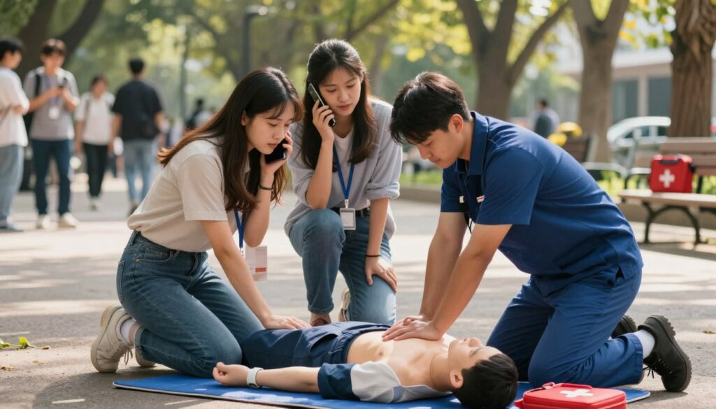 A diverse group of individuals demonstrating first aid techniques at an emergency scene, emphasizing teamwork and urgency. In the foreground, a trained first-aider in professional attire performs CPR on a simulated patient lying on the ground, showing proper technique and focus. In the middle, two bystanders assess the situation, one is calling for help on a mobile phone, while the other is retrieving a first aid kit. The background features a park setting with trees and people observing from a distance, creating a sense of community involvement. Soft, natural daylight bathes the scene in warmth, casting gentle shadows, while the angle captures the action from a slightly elevated perspective, conveying urgency and seriousness. The atmosphere is tense yet hopeful, illustrating the importance of prompt assistance in emergencies. A diverse group of individuals demonstrating first aid techniques at an emergency scene, emphasizing teamwork and urgency. In the foreground, a trained first-aider in professional attire performs CPR on a simulated patient lying on the ground, showing proper technique and focus. In the middle, two bystanders assess the situation, one is calling for help on a mobile phone, while the other is retrieving a first aid kit. The background features a park setting with trees and people observing from a distance, creating a sense of community involvement. Soft, natural daylight bathes the scene in warmth, casting gentle shadows, while the angle captures the action from a slightly elevated perspective, conveying urgency and seriousness. The atmosphere is tense yet hopeful, illustrating the importance of prompt assistance in emergencies.