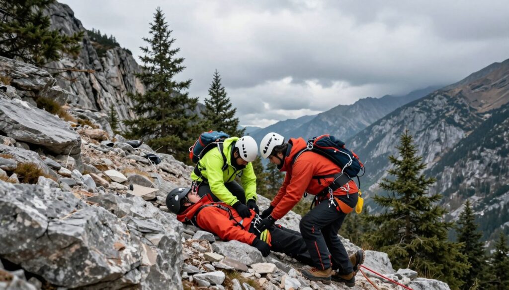 A dramatic mountain rescue scene depicting collaboration between rescuers during an accident. In the foreground, a team of two rescuers dressed in professional outdoor gear, such as bright jackets and helmets, tend to an injured hiker lying on a rocky slope. The middle ground features a dramatic mountainous landscape with steep cliffs and pine trees. The background shows a cloudy sky, hinting at an impending storm, adding tension to the situation. Soft, diffused lighting enhances the focus on the rescuers and the patient. The composition is captured from a slightly elevated angle, creating a sense of depth and urgency. The overall mood conveys teamwork, urgency, and professionalism in a challenging mountain environment.
