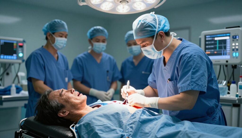 A dramatic scene depicting a life-saving tracheotomy procedure in a medical emergency setting. In the foreground, a focused healthcare professional, dressed in scrubs and wearing a surgical mask, skillfully performing the tracheotomy on a patient lying on a medical stretcher. The patient, a middle-aged individual, appears distressed but is receiving immediate assistance. In the middle ground, a small team of medical staff is present, ready to assist, surrounded by essential lifesaving equipment. The background features a blurred hospital emergency room, with bright overhead lights casting a sterile glow, enhancing the urgency of the moment. The image should evoke a sense of tension and professionalism, capturing the critical nature of first aid in respiratory distress without any text or distracting elements. A dramatic scene depicting a life-saving tracheotomy procedure in a medical emergency setting. In the foreground, a focused healthcare professional, dressed in scrubs and wearing a surgical mask, skillfully performing the tracheotomy on a patient lying on a medical stretcher. The patient, a middle-aged individual, appears distressed but is receiving immediate assistance. In the middle ground, a small team of medical staff is present, ready to assist, surrounded by essential lifesaving equipment. The background features a blurred hospital emergency room, with bright overhead lights casting a sterile glow, enhancing the urgency of the moment. The image should evoke a sense of tension and professionalism, capturing the critical nature of first aid in respiratory distress without any text or distracting elements.