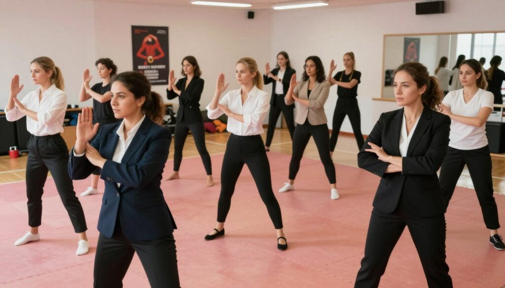 A dynamic and empowering scene showcasing a women’s self-defense class in action. In the foreground, a diverse group of women in professional business attire practices techniques with focused expressions, demonstrating confidence and determination. The middle ground captures an instructor guiding them, exuding authority and expertise, with movements that suggest both strength and grace. The background features a well-lit gym space with martial arts mats and motivational posters promoting safety and empowerment. Soft, natural lighting enhances the atmosphere, creating a warm yet energetic vibe, while the camera angle is slightly elevated to capture the camaraderie and engagement among participants. Overall, the image radiates a sense of community, safety, and personal growth. A dynamic and empowering scene showcasing a women’s self-defense class in action. In the foreground, a diverse group of women in professional business attire practices techniques with focused expressions, demonstrating confidence and determination. The middle ground captures an instructor guiding them, exuding authority and expertise, with movements that suggest both strength and grace. The background features a well-lit gym space with martial arts mats and motivational posters promoting safety and empowerment. Soft, natural lighting enhances the atmosphere, creating a warm yet energetic vibe, while the camera angle is slightly elevated to capture the camaraderie and engagement among participants. Overall, the image radiates a sense of community, safety, and personal growth.
