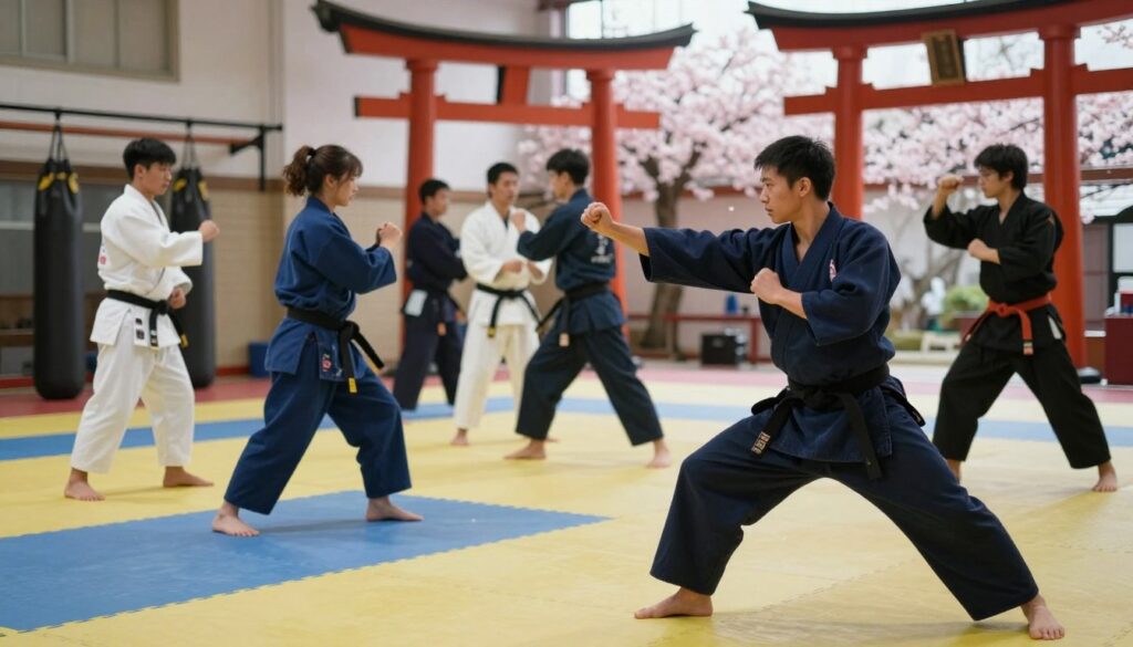 A dynamic composition showcasing the classification of combat systems in a seamless blend of tradition and modernity. In the foreground, a professional martial artist, dressed in a traditional gi, demonstrates a striking technique, poised and focused. In the middle ground, a diverse array of martial artists represent various styles, from ancient Japanese arts like Judo and Aikido to contemporary MMA, engaged in practice or sparring, highlighting both tradition and evolution. The background features serene Japanese elements, like cherry blossoms and a torii gate, contrasted with modern training equipment. Soft, natural lighting filters through, creating an atmosphere of concentration and respect. The angle captures a sense of movement and energy, inviting viewers to explore the rich tapestry of martial arts.