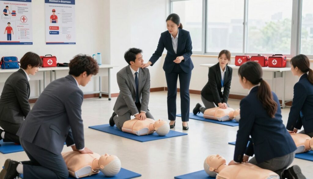 A dynamic scene depicting a first aid training session in action. In the foreground, a diverse group of individuals, dressed in professional business attire, participate in hands-on CPR exercises, demonstrating techniques on a manikin. The middle ground features an instructor, showcasing clear and engaging teaching methods, actively guiding participants. The backdrop includes a well-equipped training room with illustrative posters on emergency procedures and first aid kits neatly arranged. Soft, natural lighting from large windows creates an inviting atmosphere, while the composition is shot from a slight angle that emphasizes both the participants and the instructor. The overall mood conveys a sense of urgency and importance, highlighting practical exercises as the foundation of effective first aid response. A dynamic scene depicting a first aid training session in action. In the foreground, a diverse group of individuals, dressed in professional business attire, participate in hands-on CPR exercises, demonstrating techniques on a manikin. The middle ground features an instructor, showcasing clear and engaging teaching methods, actively guiding participants. The backdrop includes a well-equipped training room with illustrative posters on emergency procedures and first aid kits neatly arranged. Soft, natural lighting from large windows creates an inviting atmosphere, while the composition is shot from a slight angle that emphasizes both the participants and the instructor. The overall mood conveys a sense of urgency and importance, highlighting practical exercises as the foundation of effective first aid response.