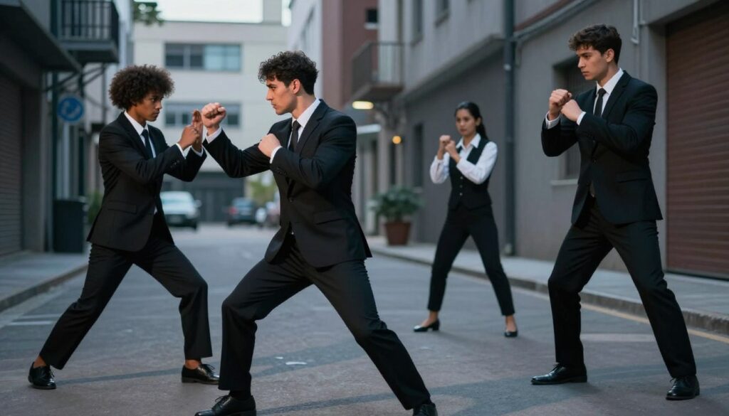 A dynamic scene depicting self-defense techniques in a threatening situation. In the foreground, a diverse group of three individuals, dressed in professional business attire, are effectively demonstrating various self-defense moves. One person is positioned in a defensive stance, while another executes a classic escape maneuver. The third individual stands ready to assist, showcasing teamwork and preparedness. The middle ground features an urban environment, with blurred buildings to emphasize the focus on the individuals. The background includes an alleyway that hints at the possibility of danger. The lighting is dramatic, with high contrast to create an intense atmosphere, simulating late evening with dusk shadows. The mood conveys urgency and the importance of being prepared for threats.