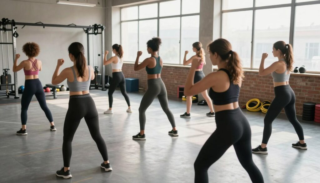 A dynamic scene depicting women engaged in physical conditioning exercises in a bright, well-equipped gym environment. In the foreground, a diverse group of women in modest, sporty attire are practicing various fitness routines, showcasing strength and determination. The middle ground features gym equipment like weights, mats, and resistance bands, emphasizing an active training atmosphere. The background reveals large windows that allow natural light to flood the space, casting soft shadows. The mood is encouraging and empowering, conveying a sense of community and dedication to self-defense preparation. The overall composition is energetic and vibrant, inviting viewers to appreciate the importance of physical readiness. A dynamic scene depicting women engaged in physical conditioning exercises in a bright, well-equipped gym environment. In the foreground, a diverse group of women in modest, sporty attire are practicing various fitness routines, showcasing strength and determination. The middle ground features gym equipment like weights, mats, and resistance bands, emphasizing an active training atmosphere. The background reveals large windows that allow natural light to flood the space, casting soft shadows. The mood is encouraging and empowering, conveying a sense of community and dedication to self-defense preparation. The overall composition is energetic and vibrant, inviting viewers to appreciate the importance of physical readiness.