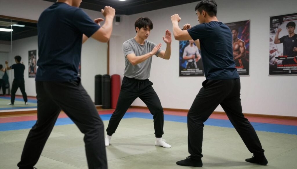 A dynamic scene illustrating effective self-defense techniques, showcasing two individuals engaged in a friendly training session. In the foreground, one person, dressed in professional casual attire, demonstrates a defensive maneuver, leveraging body posture and technique. In the middle, a second individual, also in smart casual clothing, responds with a safe, controlled counter-move, highlighting proper form and focus. The background features a well-lit training studio with mats and motivational posters about self-defense principles, creating an atmosphere of concentration and empowerment. Soft ambient lighting enhances the mood, casting gentle shadows that emphasize the action. Shot from a slight low angle to capture the intensity of the moment, the image reflects a supportive environment geared towards learning and empowerment in personal safety. A dynamic scene illustrating effective self-defense techniques, showcasing two individuals engaged in a friendly training session. In the foreground, one person, dressed in professional casual attire, demonstrates a defensive maneuver, leveraging body posture and technique. In the middle, a second individual, also in smart casual clothing, responds with a safe, controlled counter-move, highlighting proper form and focus. The background features a well-lit training studio with mats and motivational posters about self-defense principles, creating an atmosphere of concentration and empowerment. Soft ambient lighting enhances the mood, casting gentle shadows that emphasize the action. Shot from a slight low angle to capture the intensity of the moment, the image reflects a supportive environment geared towards learning and empowerment in personal safety.