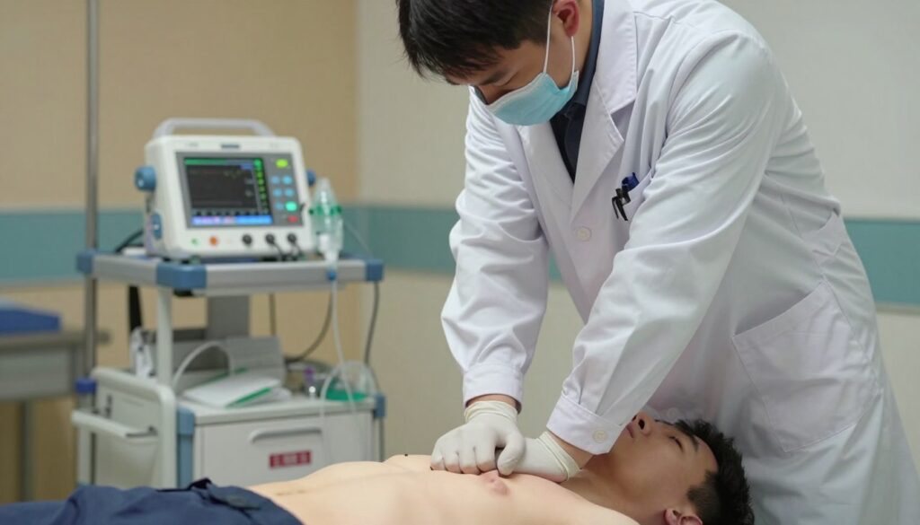 A dynamic scene of a life-saving resuscitation process in action, featuring a trained healthcare professional in a crisp white lab coat and gloves performing CPR on a patient. In the foreground, the determined expression of the rescuer is highlighted as they push down on the patient’s chest with precision. The middle ground shows medical equipment like a defibrillator and oxygen mask, emphasizing the urgency of the situation. The background features a hospital environment with warm, diffuse lighting, creating a focused atmosphere. The shot is taken from a slightly elevated angle, adding depth to the scene and drawing attention to the lifesaving effort. The mood conveys a sense of urgency and hope, capturing the critical moment in emergency care. A dynamic scene of a life-saving resuscitation process in action, featuring a trained healthcare professional in a crisp white lab coat and gloves performing CPR on a patient. In the foreground, the determined expression of the rescuer is highlighted as they push down on the patient’s chest with precision. The middle ground shows medical equipment like a defibrillator and oxygen mask, emphasizing the urgency of the situation. The background features a hospital environment with warm, diffuse lighting, creating a focused atmosphere. The shot is taken from a slightly elevated angle, adding depth to the scene and drawing attention to the lifesaving effort. The mood conveys a sense of urgency and hope, capturing the critical moment in emergency care.
