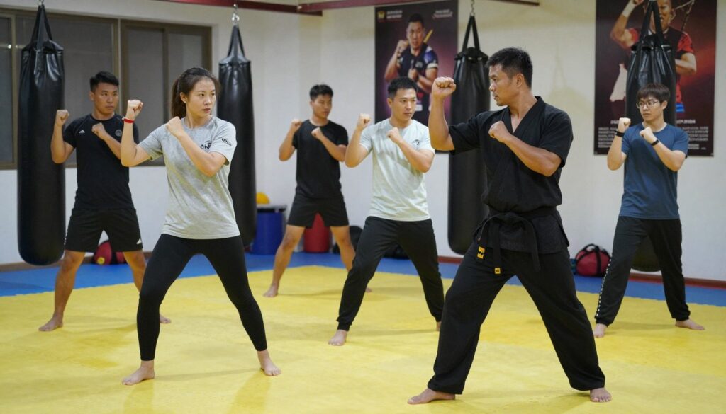 A dynamic training session for self-defense, featuring an instructor and a group of trainees engaged in practice. In the foreground, the instructor, dressed in professional martial arts attire, demonstrates a key fighting technique, showcasing strong posture and focus. The trainees, wearing modest athletic clothing, mimic the pose with concentrated expressions, indicating their determination to learn. In the middle ground, various training equipment like punching bags and mats are visible, hinting at an active training environment. The background includes motivational posters related to self-defense principles. The lighting is bright and focused, emphasizing the intensity of the training, while a slight blur adds depth to the scene. The atmosphere is energetic and empowering, capturing the essence of skill-building in martial arts. A dynamic training session for self-defense, featuring an instructor and a group of trainees engaged in practice. In the foreground, the instructor, dressed in professional martial arts attire, demonstrates a key fighting technique, showcasing strong posture and focus. The trainees, wearing modest athletic clothing, mimic the pose with concentrated expressions, indicating their determination to learn. In the middle ground, various training equipment like punching bags and mats are visible, hinting at an active training environment. The background includes motivational posters related to self-defense principles. The lighting is bright and focused, emphasizing the intensity of the training, while a slight blur adds depth to the scene. The atmosphere is energetic and empowering, capturing the essence of skill-building in martial arts.