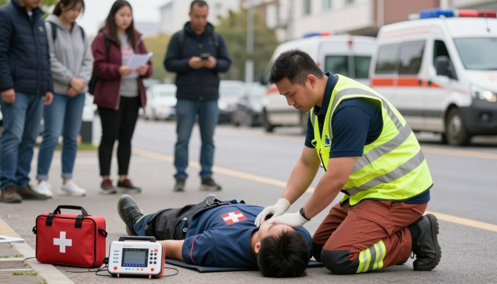 A first aid professional in a safety vest and gloves evaluates an injured person lying on the ground at an accident scene. The foreground features the medic kneeling beside the patient, checking their pulse and assessing their responsiveness. The middle ground showcases emergency equipment, such as a first aid kit and a defibrillator, with a blurred view of concerned onlookers keeping a safe distance. In the background, an urban environment with emergency vehicles parked nearby sets the scene. The lighting is bright yet soft, suggesting a clear day. The overall mood is focused and serious, emphasizing the importance of safety and careful assessment in emergency situations. A first aid professional in a safety vest and gloves evaluates an injured person lying on the ground at an accident scene. The foreground features the medic kneeling beside the patient, checking their pulse and assessing their responsiveness. The middle ground showcases emergency equipment, such as a first aid kit and a defibrillator, with a blurred view of concerned onlookers keeping a safe distance. In the background, an urban environment with emergency vehicles parked nearby sets the scene. The lighting is bright yet soft, suggesting a clear day. The overall mood is focused and serious, emphasizing the importance of safety and careful assessment in emergency situations.