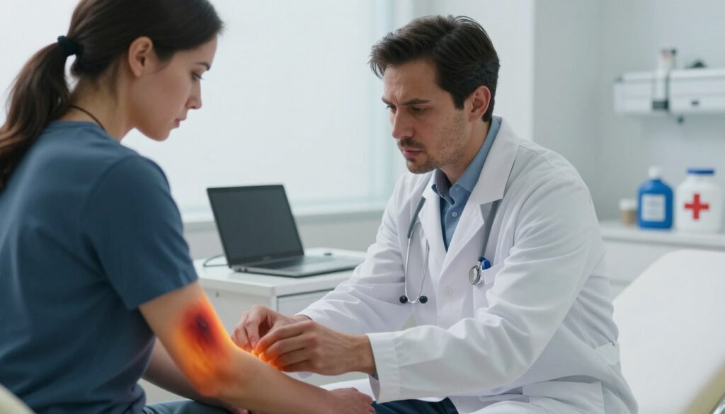 A focused and dramatic scene depicting a medical professional in a modern clinic environment, wearing a white lab coat, consulting with a concerned patient seated on an examination table. The foreground captures the healthcare provider, with a look of seriousness, leaning slightly forward while examining the patient's arm with visible thermal burns. In the middle ground, medical equipment such as a laptop and first aid supplies can be seen, emphasizing the urgency of the situation. The background features soft, diffused lighting that creates a calm yet serious atmosphere, suggesting the need for professional medical assistance. The scene is shot from a slightly elevated angle to give depth while ensuring the details of the interaction are clear and striking. A focused and dramatic scene depicting a medical professional in a modern clinic environment, wearing a white lab coat, consulting with a concerned patient seated on an examination table. The foreground captures the healthcare provider, with a look of seriousness, leaning slightly forward while examining the patient's arm with visible thermal burns. In the middle ground, medical equipment such as a laptop and first aid supplies can be seen, emphasizing the urgency of the situation. The background features soft, diffused lighting that creates a calm yet serious atmosphere, suggesting the need for professional medical assistance. The scene is shot from a slightly elevated angle to give depth while ensuring the details of the interaction are clear and striking.