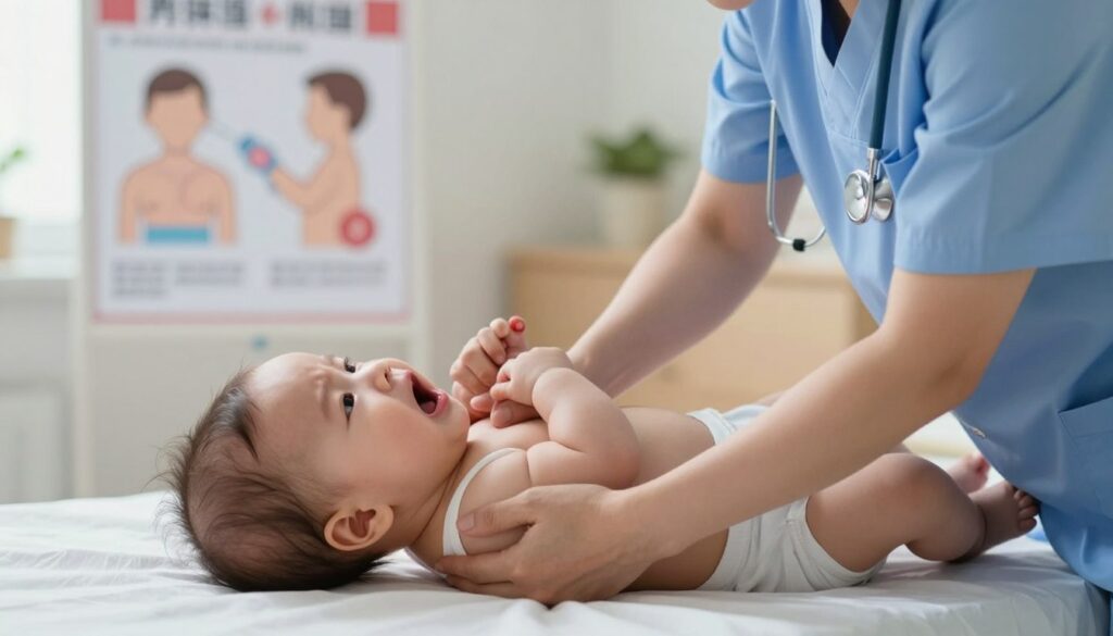 A focused scene depicting a healthcare professional in a modestly dressed, professional attire performing first aid on a distressed infant who is choking. The foreground features the caregiver's hands gently but firmly supporting the baby's body while using the Heimlich maneuver. In the middle ground, a diagrammatic and educational poster on first aid can be faintly seen, emphasizing safety procedures without being distracting. The background shows a softly lit hospital room or home setting, creating a calm yet urgent atmosphere. Natural daylight illuminates the scene, with a shallow depth of field to ensure the professional and baby are the main subjects. The mood is serious but supportive, highlighting the importance of swift action during emergencies.