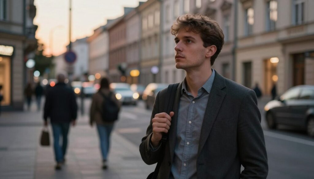 A focused scene depicting a street in Poland during the early evening, with a business professional in modest casual attire, exhibiting a vigilant posture. The foreground features the individual scanning their surroundings, embodying "situational awareness," with clear eyes and a determined expression. In the middle ground, subtle urban elements like pedestrians, vehicles, and streetlights are present, creating a lively atmosphere but with an undercurrent of tension. The background shows soft-focus buildings, enhancing depth without drawing attention. The lighting is warm, mimicking the golden hour, with shadows elongating subtly, creating an introspective mood. Capture this moment from a slight low angle, emphasizing the person’s awareness and personal space within the bustling environment.