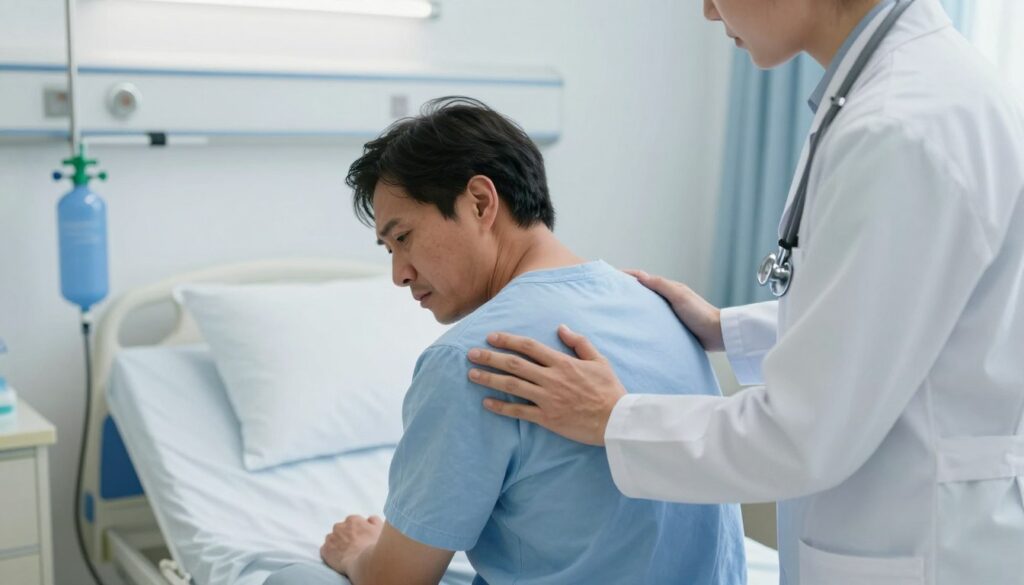 A healthcare professional calmly assisting a patient experiencing shortness of breath in a clinical setting. In the foreground, the medical professional, wearing a white coat and a stethoscope, is showing a supportive gesture, perhaps placing a hand on the patient's back. The middle ground features the patient seated on a hospital bed, looking anxious but reassured, while medical equipment like an oxygen tank is visible nearby. In the background, soft lighting illuminates the room, creating a sense of urgency yet maintaining a professional atmosphere. The image captures the essence of first aid response, emphasizing compassion and professionalism, with a focus on clarity and clean lines in the composition. A healthcare professional calmly assisting a patient experiencing shortness of breath in a clinical setting. In the foreground, the medical professional, wearing a white coat and a stethoscope, is showing a supportive gesture, perhaps placing a hand on the patient's back. The middle ground features the patient seated on a hospital bed, looking anxious but reassured, while medical equipment like an oxygen tank is visible nearby. In the background, soft lighting illuminates the room, creating a sense of urgency yet maintaining a professional atmosphere. The image captures the essence of first aid response, emphasizing compassion and professionalism, with a focus on clarity and clean lines in the composition.