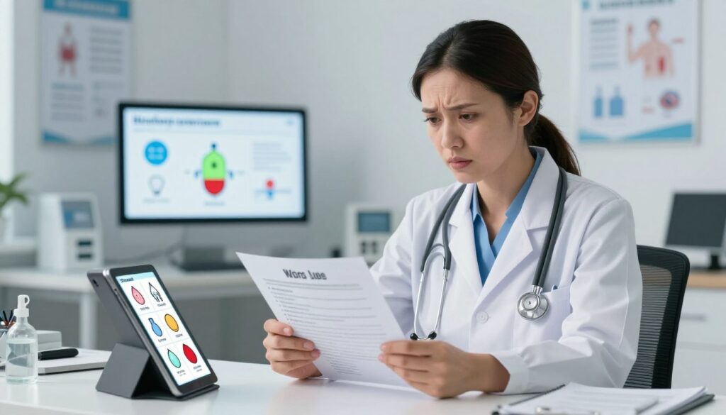 A healthcare professional, dressed in professional attire, is seated at a desk in a well-lit, modern clinic. Their expression is focused and concerned as they review a chart showing symptoms of high blood sugar levels—such as increased thirst, frequent urination, fatigue, and blurred vision. In the foreground, clear visuals of the symptoms are illustrated through icons or graphics on a tablet screen. The middle ground features a digital display board with infographics about hyperglycemia, emphasizing key signs and monitoring methods. In the background, there is an organized environment with medical posters and equipment, conducting a serious yet empathetic atmosphere. The lighting is bright, emphasizing clarity and a sense of urgency in addressing health conditions.