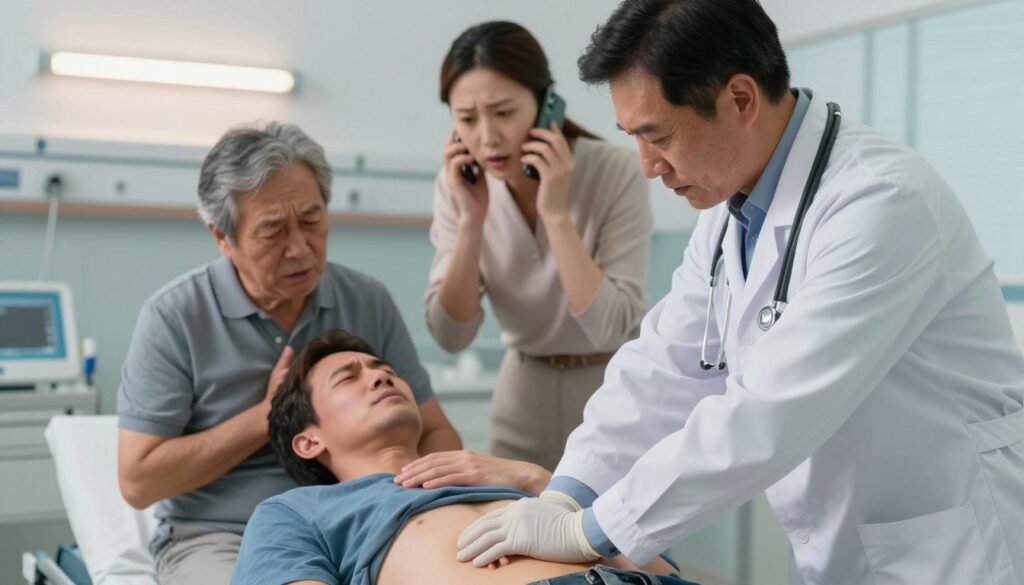 A medical professional administering first aid to a middle-aged man experiencing chest pain, depicting a heart attack scenario. The foreground features a focused doctor in a crisp white coat and gloves, performing chest compressions. The middle ground showcases a worried family member calling for help, holding a cellphone. In the background, a calming hospital environment with medical equipment gently illuminated by soft overhead lights, creating a sense of urgency yet reassurance. The scene is captured from a slightly elevated angle to emphasize the action and the expressions of concern. The overall mood is serious, emphasizing the critical nature of the situation while highlighting the importance of immediate response in medical emergencies.