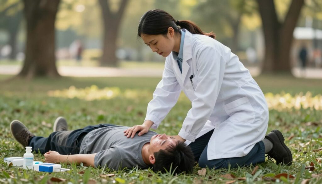 A medical professional, dressed in a modest white lab coat, kneels beside a patient lying on the ground in a natural outdoor setting, depicting signs of shock. The patient's face shows pallor and sweating, with a weak pulse indicated by slightly raised arms. In the foreground, soft grass and a few scattered medical supplies create a realistic scene. In the background, a blurred park with dappled sunlight filtering through trees adds warmth. The atmosphere is tense yet hopeful, emphasizing urgency and care. Use natural lighting to create soft shadows, capturing the moment from a slightly elevated angle, focusing on the interaction between the caregiver and patient to highlight the medical emergency's gravity. A medical professional, dressed in a modest white lab coat, kneels beside a patient lying on the ground in a natural outdoor setting, depicting signs of shock. The patient's face shows pallor and sweating, with a weak pulse indicated by slightly raised arms. In the foreground, soft grass and a few scattered medical supplies create a realistic scene. In the background, a blurred park with dappled sunlight filtering through trees adds warmth. The atmosphere is tense yet hopeful, emphasizing urgency and care. Use natural lighting to create soft shadows, capturing the moment from a slightly elevated angle, focusing on the interaction between the caregiver and patient to highlight the medical emergency's gravity.