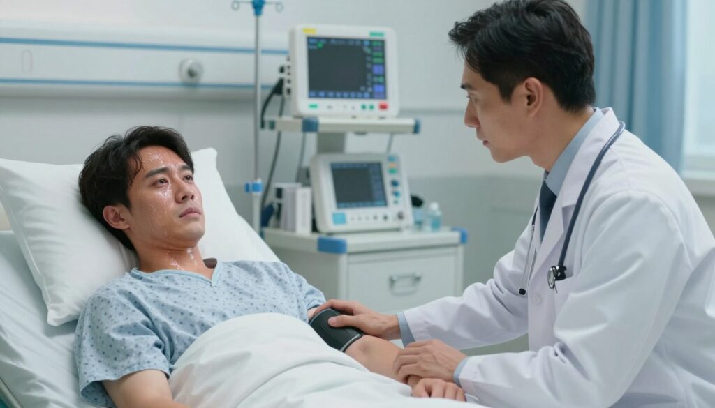 A medical professional in a hospital setting, focused and attentive, assessing a patient showing signs of shock. The foreground captures the doctor gently holding the patient's wrist to check their pulse, illustrating the urgency of the situation. In the middle ground, a hospital bed is occupied by the patient, who appears pale and sweating, emphasizing their critical condition. The background features medical equipment like monitors and IV stands, providing a clinical atmosphere. Soft, diffused lighting enhances the seriousness of the scene, while a shallow depth of field isolates the subjects. The overall mood conveys a sense of urgency and compassion in emergency care, reflecting the gravity of recognizing and responding to different types of shock. A medical professional in a hospital setting, focused and attentive, assessing a patient showing signs of shock. The foreground captures the doctor gently holding the patient's wrist to check their pulse, illustrating the urgency of the situation. In the middle ground, a hospital bed is occupied by the patient, who appears pale and sweating, emphasizing their critical condition. The background features medical equipment like monitors and IV stands, providing a clinical atmosphere. Soft, diffused lighting enhances the seriousness of the scene, while a shallow depth of field isolates the subjects. The overall mood conveys a sense of urgency and compassion in emergency care, reflecting the gravity of recognizing and responding to different types of shock.