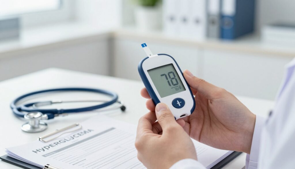 A medical professional in a lab coat, positioned in the foreground, holds a blood glucose meter displaying elevated sugar levels. The middle layer features a stethoscope and medical papers related to hyperglycemia, creating an organized and clinical atmosphere. In the background, a bright and modern medical office with soft natural lighting enhances the calming environment. The scene conveys a sense of urgency but professionalism, highlighting the importance of safe actions in the context of hyperglycemia. The composition is shot with a slight depth of field, focusing on the glucose meter while gently blurring the background to draw attention to the critical health information being presented.