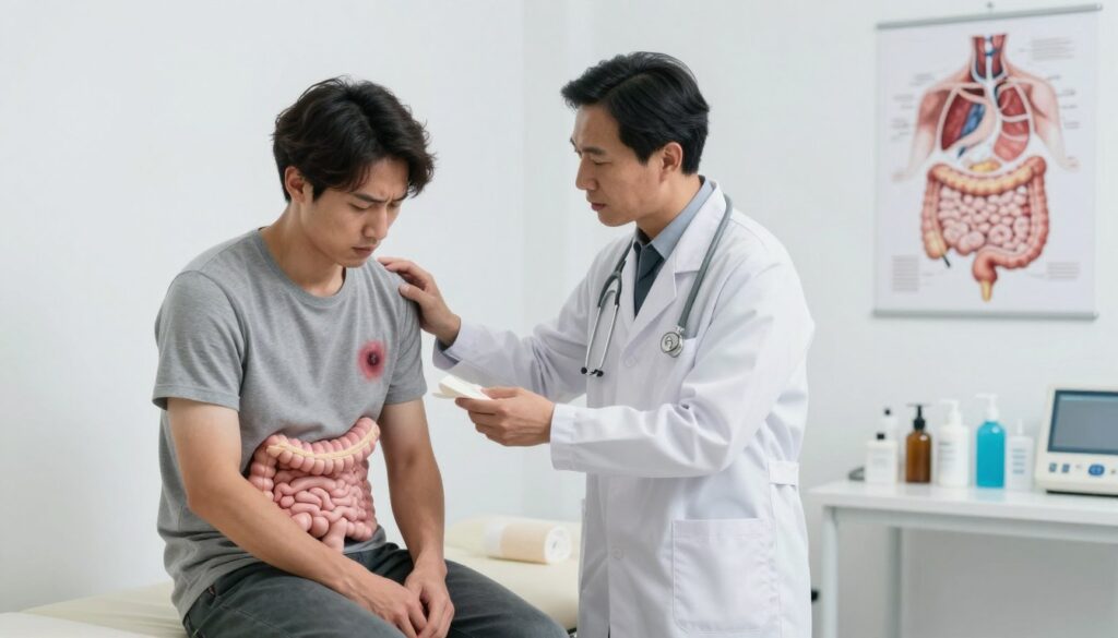 A medical professional in a neutral-colored lab coat stands in a bright, sterile clinic room, attentively providing care to a patient suffering from digestive tract burns. The patient sits on an examination table, appearing uncomfortable, while the doctor assesses the situation with concern and expertise. In the background, there are medical supplies like antiseptic gels, bandages, and anatomical charts detailing the digestive system, all under soft, even lighting to create a calming atmosphere. The focus is on the interaction between the doctor and the patient, conveying a sense of urgency yet professionalism. The scene conveys hope and compassion, emphasizing the importance of immediate care in chemical burn situations without any text or distractions.
