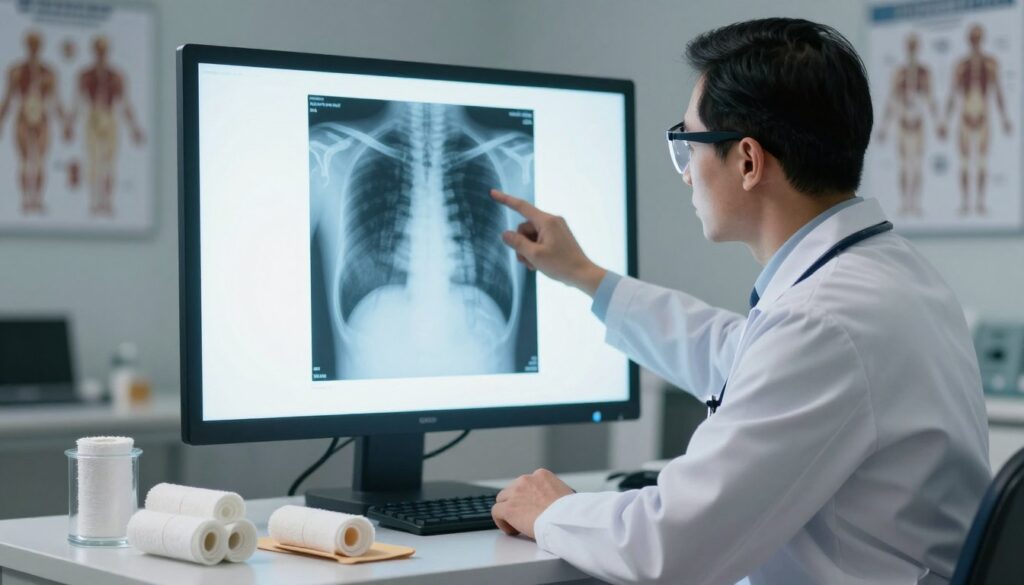 A medical professional, wearing a lab coat and safety glasses, is examining an X-ray on a lit display board, highlighting signs of fractures. In the foreground, medical tools like a splint and bandages are neatly arranged on a table. The middle ground features the X-ray image clearly showing a broken bone, with the doctor pointing toward the fracture site. The background includes a clinical setting with anatomical charts and treatment guidance displayed on the walls. Soft, focused lighting illuminates the scene, creating a serious yet educational atmosphere. The angle captures the doctor in profile, emphasizing both the examination and the tools, conveying a sense of urgency and professionalism in recognizing the symptoms of fractures. A medical professional, wearing a lab coat and safety glasses, is examining an X-ray on a lit display board, highlighting signs of fractures. In the foreground, medical tools like a splint and bandages are neatly arranged on a table. The middle ground features the X-ray image clearly showing a broken bone, with the doctor pointing toward the fracture site. The background includes a clinical setting with anatomical charts and treatment guidance displayed on the walls. Soft, focused lighting illuminates the scene, creating a serious yet educational atmosphere. The angle captures the doctor in profile, emphasizing both the examination and the tools, conveying a sense of urgency and professionalism in recognizing the symptoms of fractures.