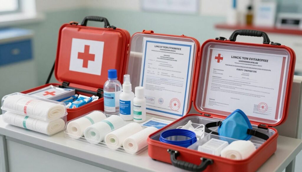 A meticulously arranged display of high-quality rescue equipment, emphasizing standards and certification. In the foreground, a clear view of a professional first-aid kit, showcasing various tools such as bandages, antiseptics, and resuscitation masks, all neatly organized. The middle ground features labels and certifications prominently displayed, symbolizing quality assurance. The background is softly blurred, hinting at a clinical environment, possibly a training facility for emergency responders. Soft, natural lighting illuminates the scene, creating a calm and professional atmosphere. The image is captured from a slightly elevated angle, providing a clear overview and drawing attention to the details of the equipment. The mood conveys trust and reliability, essential for emergency response gear. A meticulously arranged display of high-quality rescue equipment, emphasizing standards and certification. In the foreground, a clear view of a professional first-aid kit, showcasing various tools such as bandages, antiseptics, and resuscitation masks, all neatly organized. The middle ground features labels and certifications prominently displayed, symbolizing quality assurance. The background is softly blurred, hinting at a clinical environment, possibly a training facility for emergency responders. Soft, natural lighting illuminates the scene, creating a calm and professional atmosphere. The image is captured from a slightly elevated angle, providing a clear overview and drawing attention to the details of the equipment. The mood conveys trust and reliability, essential for emergency response gear.