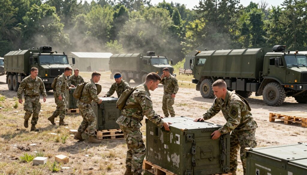 A military scene depicting the 82nd Equipment Evacuation Battalion in action. In the foreground, soldiers in professional military uniforms carefully maneuver equipment, showcasing teamwork and focus. The middle ground features military vehicles and machinery, including transport trucks and pallets, indicating logistical operations. The background reveals a dynamic landscape, such as a temporary military base set up in a forested area during the day, with soft sunlight filtering through the trees. The atmosphere conveys a sense of urgency and commitment, with detailed expressions on the soldiers' faces reflecting their dedication. The image should be captured from a slightly elevated angle to provide a comprehensive view of the operational efforts. Bright, natural lighting enhances the realistic feel of the scene.