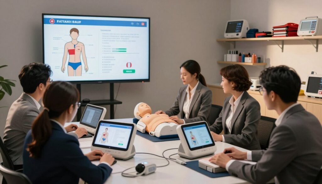 A modern first aid training session featuring advanced technology. In the foreground, a diverse group of five professionals, dressed in business attire, is engaged with interactive digital first aid devices, displaying real-time feedback on CPR techniques. The middle ground showcases a large screen featuring a detailed first aid infographic, while a high-tech mannequin simulates emergency scenarios. The background includes shelves filled with modern medical equipment and training materials. Soft, warm lighting highlights the focus on teamwork and learning, casting gentle shadows that create a welcoming atmosphere. The scene should convey a sense of innovation and professionalism, emphasizing the importance of technological advancement in life-saving training. A modern first aid training session featuring advanced technology. In the foreground, a diverse group of five professionals, dressed in business attire, is engaged with interactive digital first aid devices, displaying real-time feedback on CPR techniques. The middle ground showcases a large screen featuring a detailed first aid infographic, while a high-tech mannequin simulates emergency scenarios. The background includes shelves filled with modern medical equipment and training materials. Soft, warm lighting highlights the focus on teamwork and learning, casting gentle shadows that create a welcoming atmosphere. The scene should convey a sense of innovation and professionalism, emphasizing the importance of technological advancement in life-saving training.