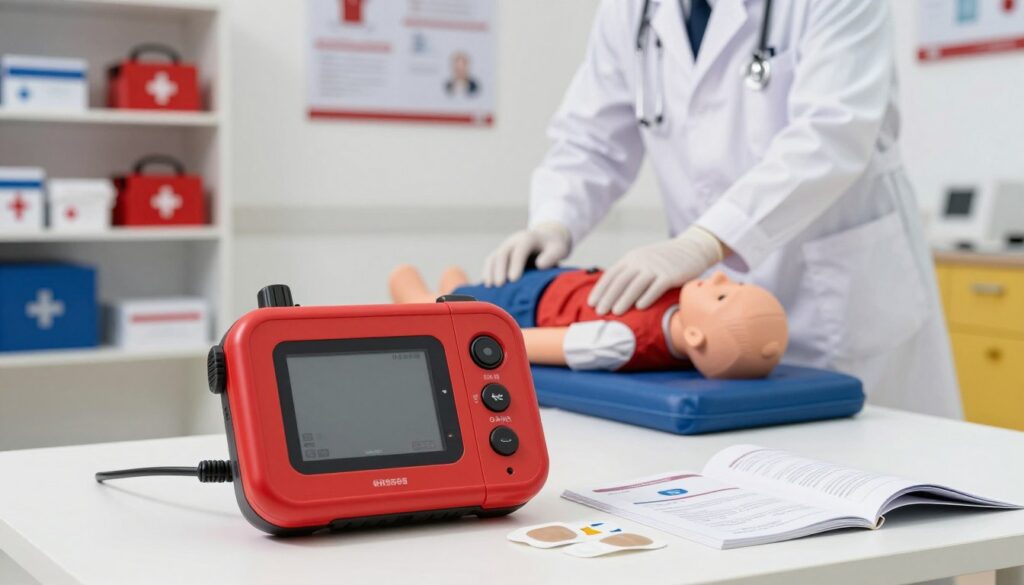A modern, portable automated external defibrillator (AED) prominently displayed in the foreground, sleek and compact with a bright red casing, accompanied by visible electrode pads and a detailed user guide open beside it. In the middle ground, a medical professional in a crisp white lab coat and medical gloves practices the use of the AED on a simulation doll, showing a sense of urgency and professionalism. The background is an organized, well-lit emergency response training environment, featuring shelves with first aid supplies and instructional posters. Soft, natural lighting highlights the focus on the AED, conveying a mood of seriousness and readiness for saving lives. The angle captures both the AED and the medical professional, illustrating the critical importance of advanced life-saving techniques. A modern, portable automated external defibrillator (AED) prominently displayed in the foreground, sleek and compact with a bright red casing, accompanied by visible electrode pads and a detailed user guide open beside it. In the middle ground, a medical professional in a crisp white lab coat and medical gloves practices the use of the AED on a simulation doll, showing a sense of urgency and professionalism. The background is an organized, well-lit emergency response training environment, featuring shelves with first aid supplies and instructional posters. Soft, natural lighting highlights the focus on the AED, conveying a mood of seriousness and readiness for saving lives. The angle captures both the AED and the medical professional, illustrating the critical importance of advanced life-saving techniques.