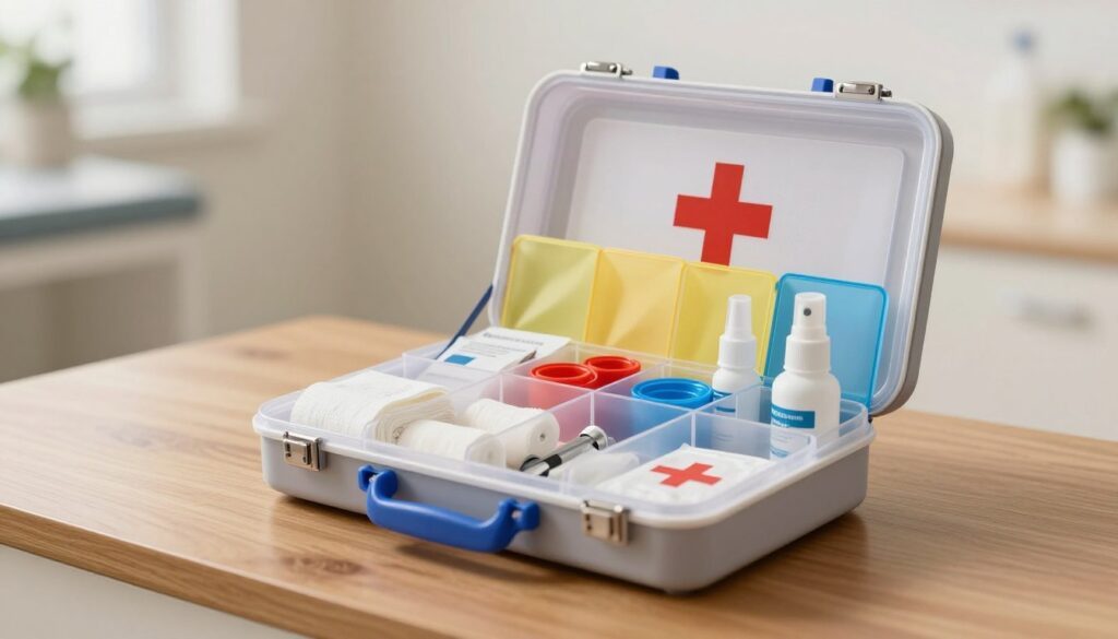 A modular first aid kit displayed prominently on a polished wooden surface, showcasing its various specialized components neatly organized in transparent compartments. The foreground features close-up details of medical supplies such as bandages, antiseptic sprays, and emergency tools, arranged in a way that highlights their accessibility. In the middle, the main body of the kit is open, revealing vibrant colored inserts for easy identification of each module. In the background, a softly blurred clinic environment bathed in warm, natural light creates an inviting and professional atmosphere. The composition is shot with a shallow depth of field, emphasizing the organization of the first aid kit while maintaining a sense of calmness and readiness, making it suitable for emergency situations. A modular first aid kit displayed prominently on a polished wooden surface, showcasing its various specialized components neatly organized in transparent compartments. The foreground features close-up details of medical supplies such as bandages, antiseptic sprays, and emergency tools, arranged in a way that highlights their accessibility. In the middle, the main body of the kit is open, revealing vibrant colored inserts for easy identification of each module. In the background, a softly blurred clinic environment bathed in warm, natural light creates an inviting and professional atmosphere. The composition is shot with a shallow depth of field, emphasizing the organization of the first aid kit while maintaining a sense of calmness and readiness, making it suitable for emergency situations.