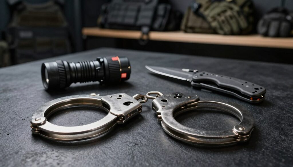 A pair of sleek, metal handcuffs displayed prominently in the foreground, resting on a dark, textured surface. The middle layer features tactical accessories commonly associated with self-defense, such as a flashlight and a compact folding knife positioned elegantly beside the handcuffs, showcasing their utility in a tactical setup. In the background, softly blurred shelves lined with additional tactical gear, like vests and gloves, provide context without distracting from the main subjects. The scene is lit with dramatic, focused lighting that casts subtle shadows, enhancing the metallic sheen of the handcuffs and accessories. The overall mood conveys a sense of readiness and practicality, emphasizing the significance of these items in personal safety and tactical preparedness. The camera angle is slightly above eye level, offering a dynamic perspective on the arrangement.