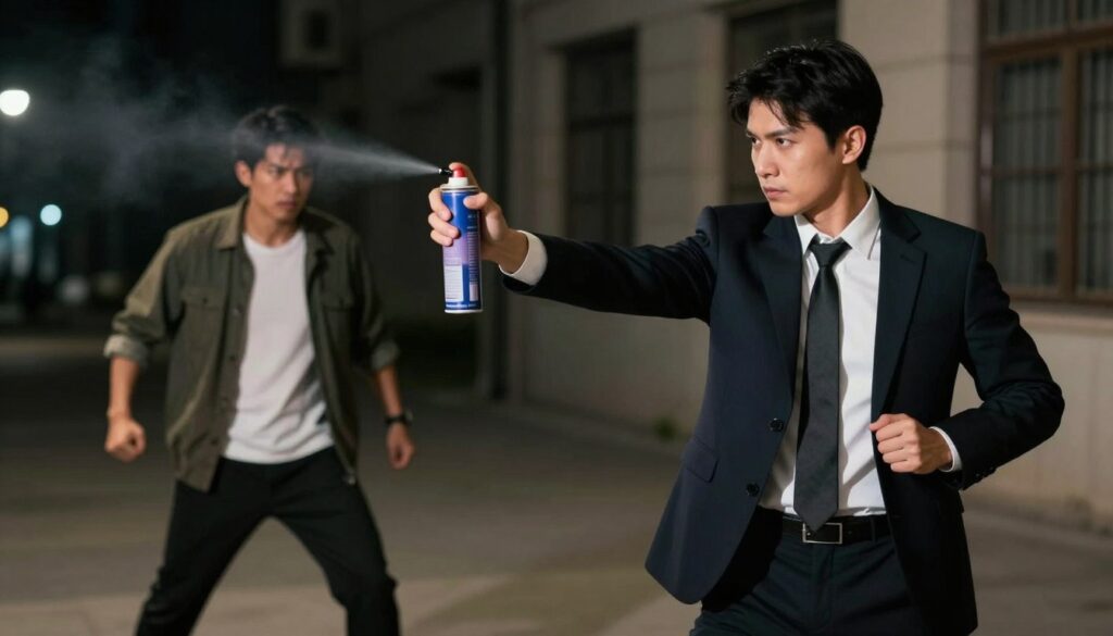 A person in a professional business outfit is demonstrating effective self-defense techniques with pepper spray. The foreground features the individual in a defensive stance, holding a canister of pepper spray at the ready, with a focused expression of determination. In the middle ground, a simulated threat—an individual in casual attire, appearing aggressive but non-violent—advances towards the defender. The background showcases a dimly lit urban environment, with shadows and soft streetlights creating an atmosphere of tension. The lighting highlights the defensive posture and the pepper spray canister, drawing attention to its use as a self-defense tool. The scene captures the seriousness and importance of personal safety without conveying any violence, emphasizing the accessibility and practicality of using pepper spray. A person in a professional business outfit is demonstrating effective self-defense techniques with pepper spray. The foreground features the individual in a defensive stance, holding a canister of pepper spray at the ready, with a focused expression of determination. In the middle ground, a simulated threat—an individual in casual attire, appearing aggressive but non-violent—advances towards the defender. The background showcases a dimly lit urban environment, with shadows and soft streetlights creating an atmosphere of tension. The lighting highlights the defensive posture and the pepper spray canister, drawing attention to its use as a self-defense tool. The scene captures the seriousness and importance of personal safety without conveying any violence, emphasizing the accessibility and practicality of using pepper spray.